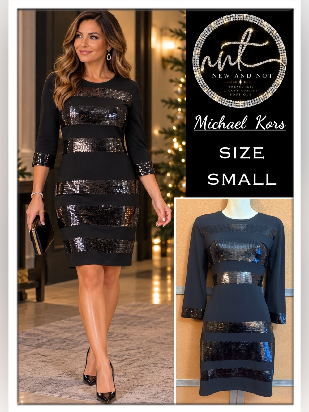 Michael Michael Kors Black Sequin Stripe Dress Size Small Holiday Cocktail